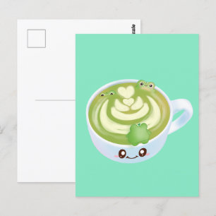 Hot Matcha Green Tee Latte mit Niedlichen Fröschen Postkarte