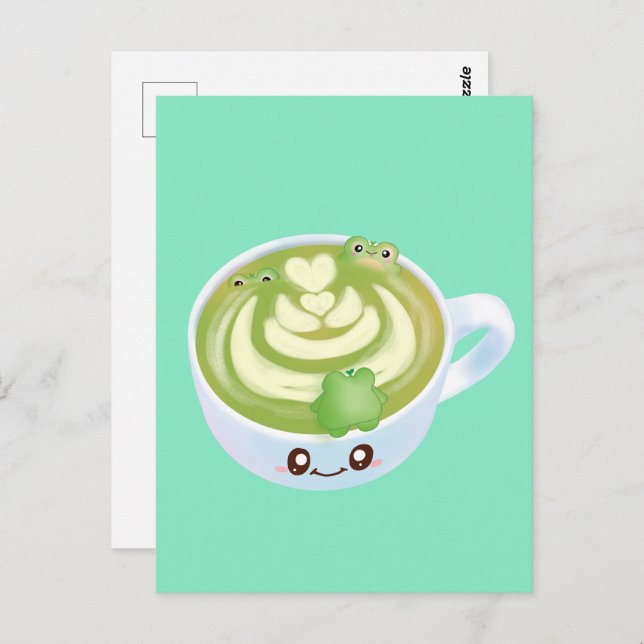 Hot Matcha Green Tee Latte mit Niedlichen Fröschen Postkarte (Vorne/Hinten)