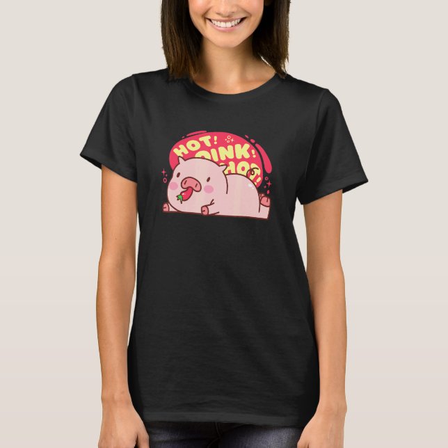 Hot Oink Hot Pig Eating Pepper Niedliche Küche T-Shirt (Vorderseite)