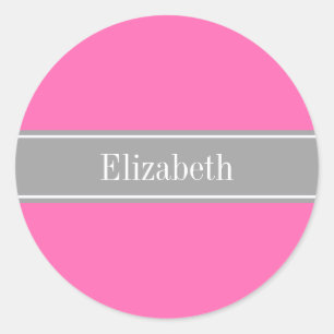 Hot Pink #2, Dark Gray Ribbon Name Monogram Runder Aufkleber