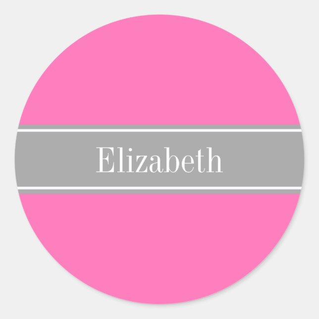 Hot Pink #2, Dark Gray Ribbon Name Monogram Runder Aufkleber (Vorderseite)