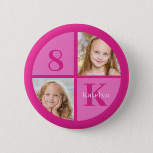 Hot Pink 2 Foto Personalisiert Geburtstags-Girl-Pa Button