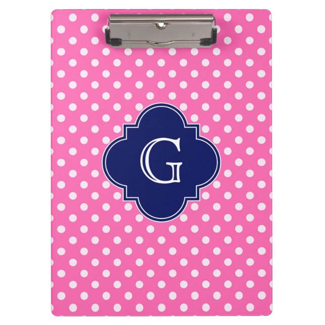 Hot Pink #2 Polka Dot Navy Quarz Monogramm Klemmbrett (Vorderseite)
