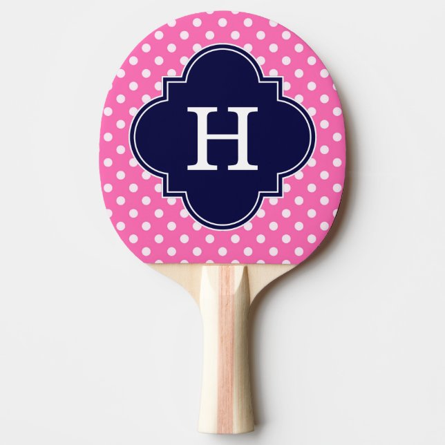 Hot Pink #2 Polka Dot Navy Quarz Monogramm Tischtennis Schläger (Vorderseite)