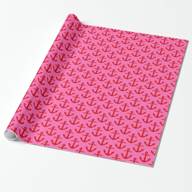 Hot Pink #2, Red Anchors Pattern Geschenkpapier (Ungerollt)