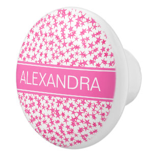 Hot Pink 2 Stars Weiße BG, Hot-Pink-Name Monogramm Keramikknauf