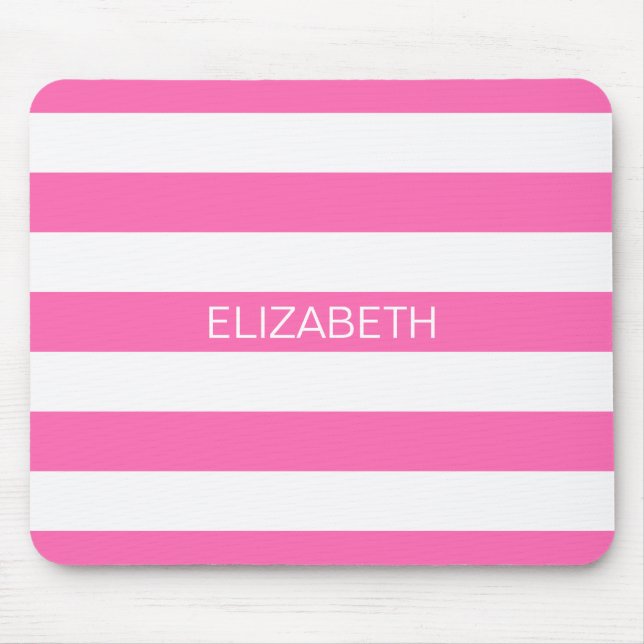 Hot Pink #2 White Horiz Preppy Strip Monogramm Mousepad (Vorne)