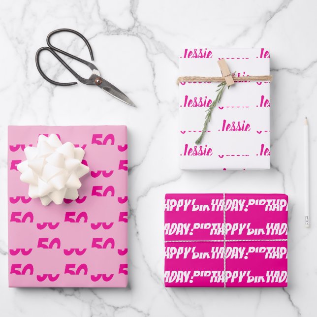 HOT PINK 50. Happy Geburtstag Individuelle Name Geschenkpapier Set (Vorderseite)