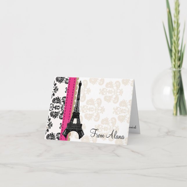 HOT PINK AND BLACK DAMASK EIFFEL TOWER THANK YOU DANKESKARTE (Vorderseite)