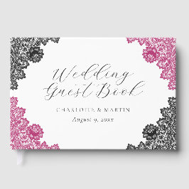 Hot Pink and Black Floral Lace Wedding Gästebuch