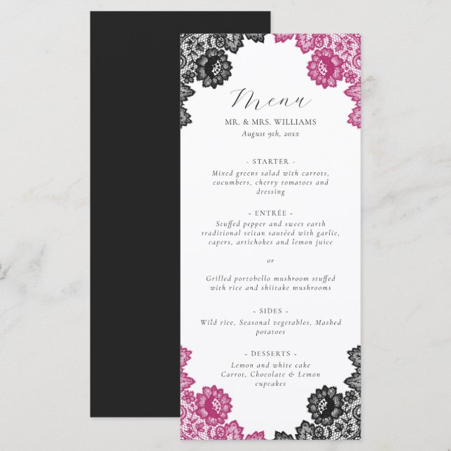 Hot Pink and Black Floral Lace Wedding Menükarte (Vorne/Hinten)