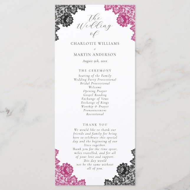 Hot Pink and Black Floral Lace Wedding Programm (Vorderseite)