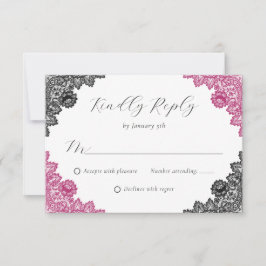 Hot Pink and Black Floral Lace Wedding RSVP Karte
