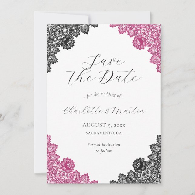 Hot Pink and Black Floral Lace Wedding Save The Date (Vorderseite)