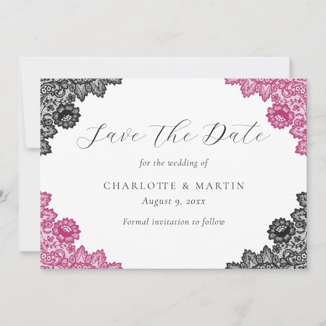 Hot Pink and Black Floral Lace Wedding Save The Date (Vorderseite)