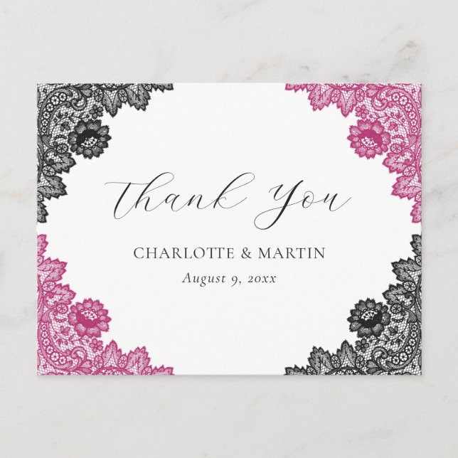 Hot Pink and Black Floral Lace Wedding Thank You Postkarte (Vorderseite)