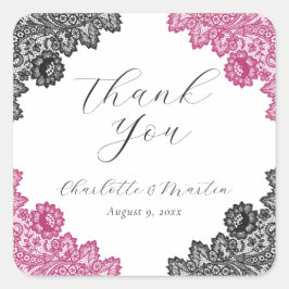 Hot Pink and Black Floral Lace Wedding Thank You Quadratischer Aufkleber