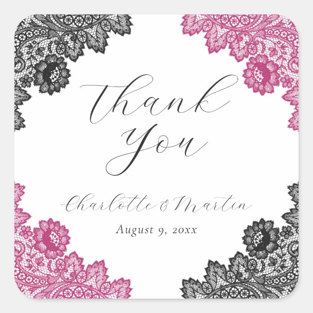 Hot Pink and Black Floral Lace Wedding Thank You Quadratischer Aufkleber (Vorderseite)