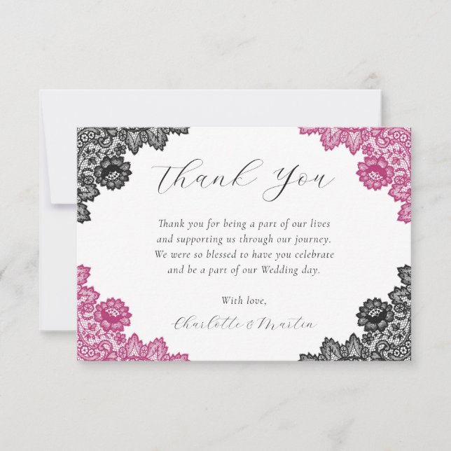 Hot Pink and Black Rustic Floral Lace Wedding Dankeskarte (Vorderseite)