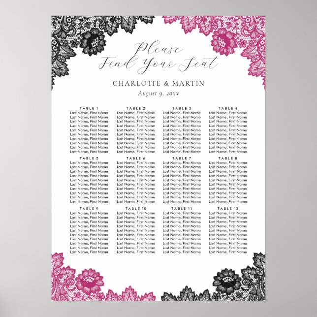 Hot Pink and Black Wedding Seating Chart 12 Poster (Vorne)