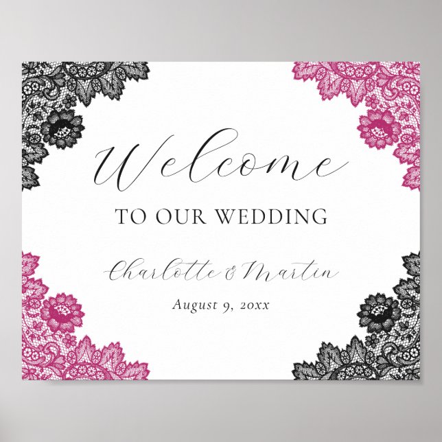 Hot Pink and Black Wedding Welcome Sign Poster (Vorne)