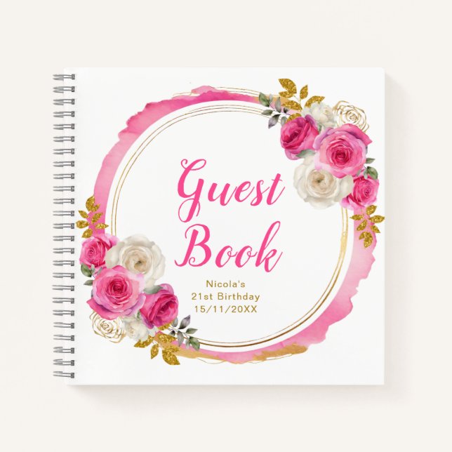 Hot Pink and Gold Elegant Flowers Birthday Party Notizbuch (Vorderseite)