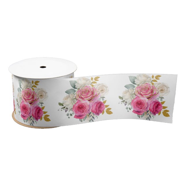 Hot Pink and Gold Elegant Flowers Satinband (Spule)