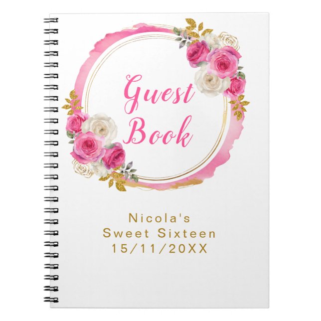 Hot Pink and Gold Elegant Flowers Sweet Sixteen Notizblock (Vorderseite)