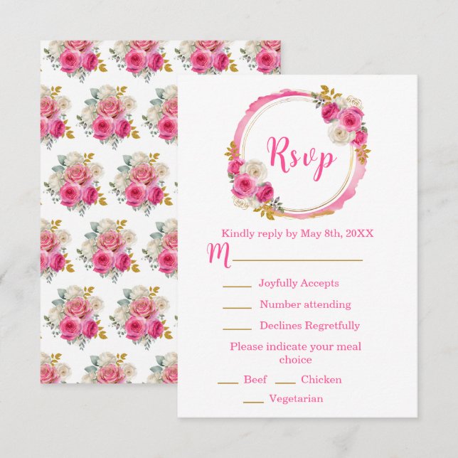Hot Pink and Gold Elegant Flowers Sweet Sixteen RSVP Karte (Vorne/Hinten)