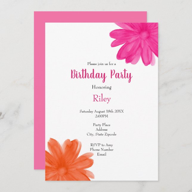 Hot Pink and Orange Watercolor Flowers Einladung (Vorne/Hinten)