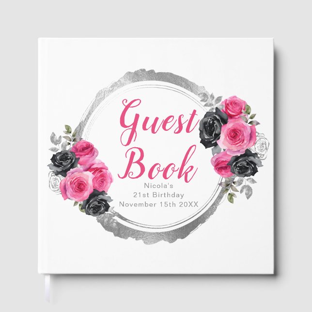 Hot Pink and Silver Elegant Flowers Birthday Party Gästebuch (Vorderseite)