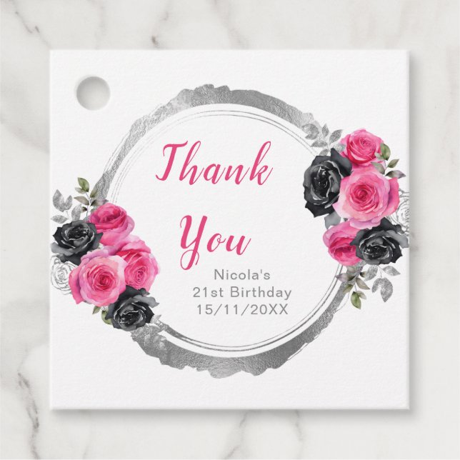Hot Pink and Silver Elegant Flowers Birthday Party Geschenkanhänger (Vorderseite)