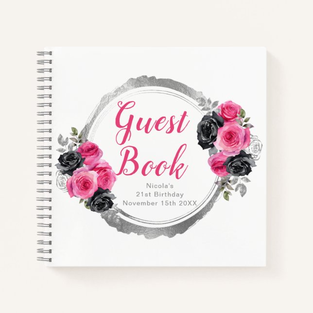 Hot Pink and Silver Elegant Flowers Birthday Party Notizbuch (Vorderseite)