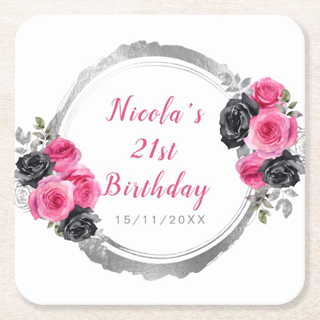 Hot Pink and Silver Elegant Flowers Birthday Party Rechteckiger Pappuntersetzer (Vorderseite)