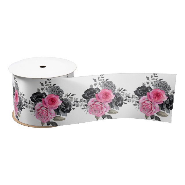 Hot Pink and Silver Elegant Flowers Satinband (Spule)