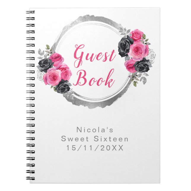 Hot Pink and Silver Elegant Flowers Sweet Sixteen Notizblock (Vorderseite)