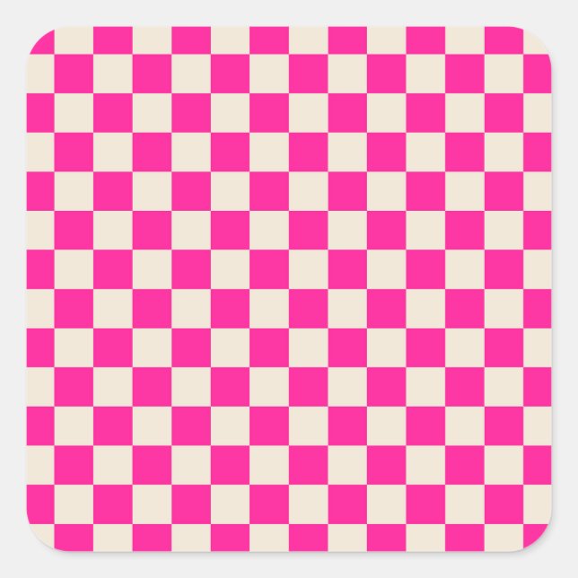 Hot pink and tan checkerboard pattern quadratischer aufkleber (Vorderseite)