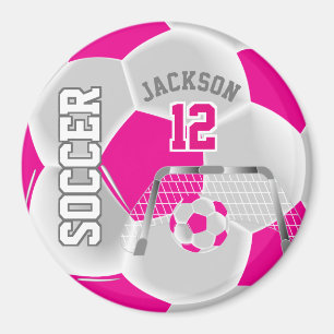 Hot Pink and White Personalize Soccer Ball Magnet