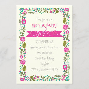 Hot Pink & Aqua Blumengrenzmaus Geburtstagsparty Einladung