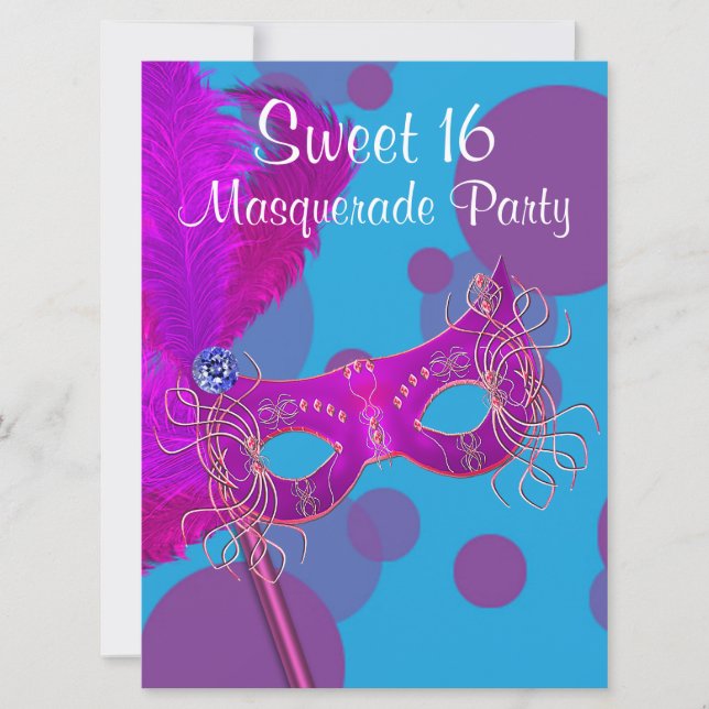 Hot Pink Aquamarin Blue Sweet 16 Masquerade Party Einladung (Vorderseite)