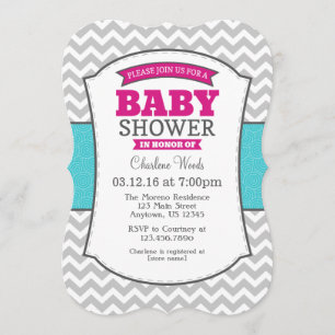 Hot Pink Aquamarin Gray Zickzack Baby Dusche Einla Einladung