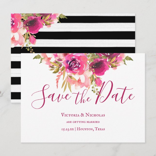 Hot Pink Aquarellfarbe Save the Date Blütenfarbe Einladung (Vorne/Hinten)