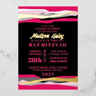 Hot Pink Bar Bat Mitzvah Einladung mit Goldfolie