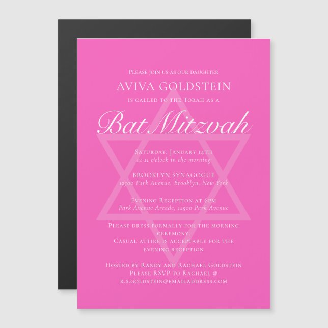 Hot Pink Bat Mitzvah Party Star von David Magneteinladung (Vorne/Hinten)