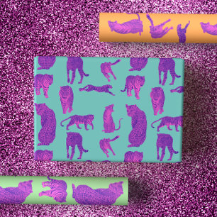 Hot Pink Big Cats in Neon Orange & Blue Hintergrun Geschenkpapier Set