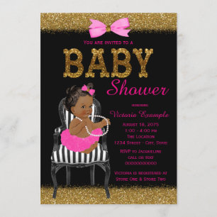 Hot Pink Black and Gold Ethnic Girl Baby Dusche Einladung