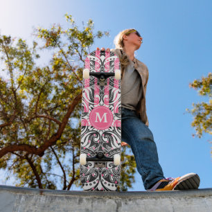 Hot Pink, Black and White Mandala - Monogramm Skateboard