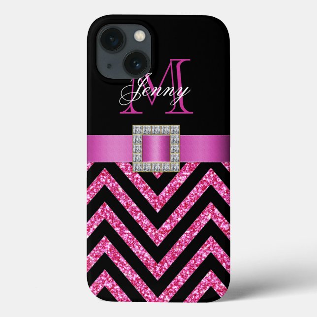 HOT PINK BLACK CHEVRON GLITTER GIRLY Case-Mate iPhone HÜLLE (Rückseite)