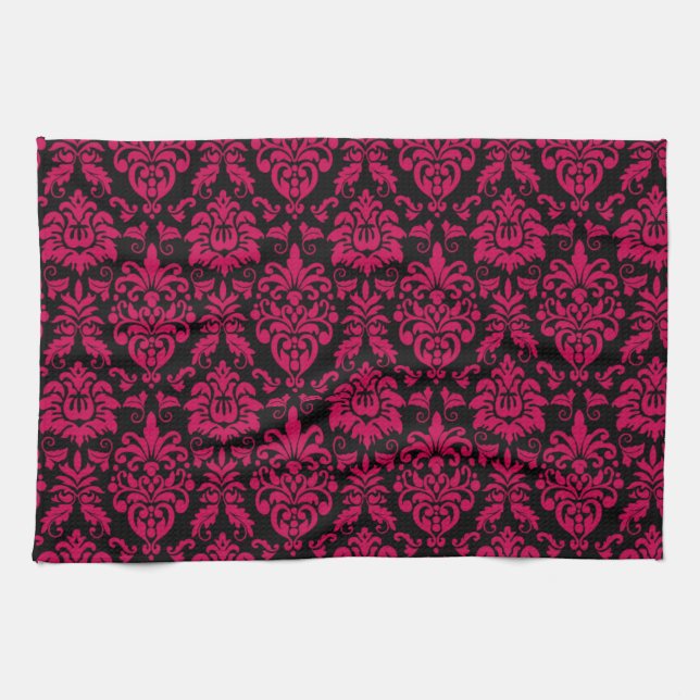 Hot Pink Black Damask Muster Handtuch (Horizontal)