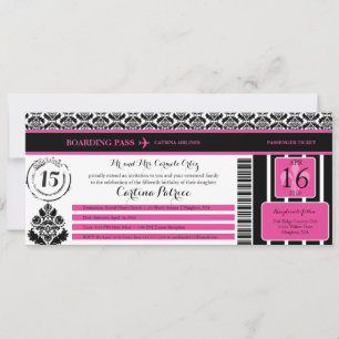 Hot Pink Black Damask Quinceanera Boarding Pass Einladung
